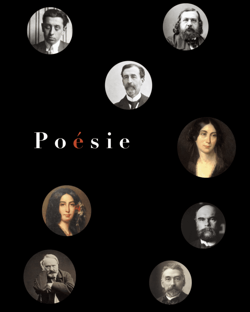 cette image représente de grands poètes célèbres : Rimbaud, Verlaine, Apollinaire, Baudelaire